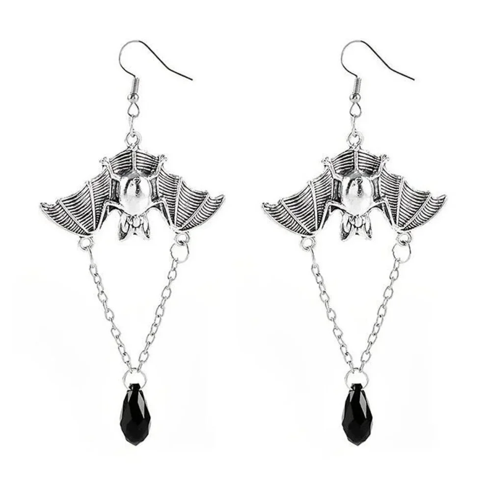 Silver Vampire Bat Black Hanging Teardrop Crystal Goth Chain Dangle Earrings